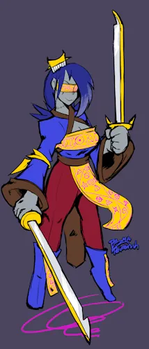 A pale and gray skin woman is floating while holding two swords. She's wearing a modified shenyi. Her eyes and chest are covered by a gold talismans, with pink markings on them. A gold comb is in her hair.